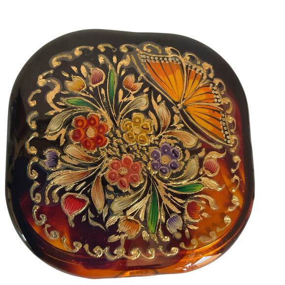 Hand-Painted Mexican Compact Mirror Monarch Butterfly  Michoacán Gold Foil Art - Picture 1 of 7
